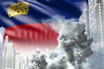 huge smoke column in the modern city - concept of industrial blast or act of terror on Liechtenstein flag background, industrial 3D illustration