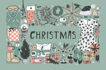 Hand drawn pattern with Christmas objects.Vector Celebration Illustration. Creative artwork. Cozy Winter set of decoration. Doodle Holidays background.