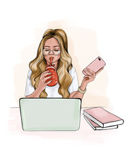 A teenage girl is sitting at a laptop, holding a mobile phone in her hand and drinking coffee. A girl with light wavy hair. A student in a T-shirt. Illustration