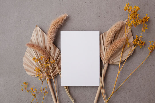 Bohemian Blank Invitation Card Surrounded By Natural Dried Palm Leaf And Grasses. Wedding And Celebration Background