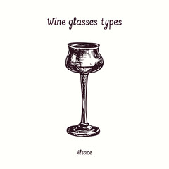 Wine glasses types collection, Alsace. Ink black and white doodle drawing in woodcut style.