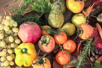 rustic autumn composition of fruits and
