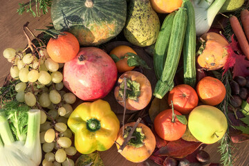 autumn still life with fruits and vegetables - view from above