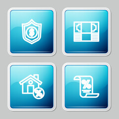 Set line Shield with dollar, Stacks paper money cash, House percant discount and Finance document icon. Vector