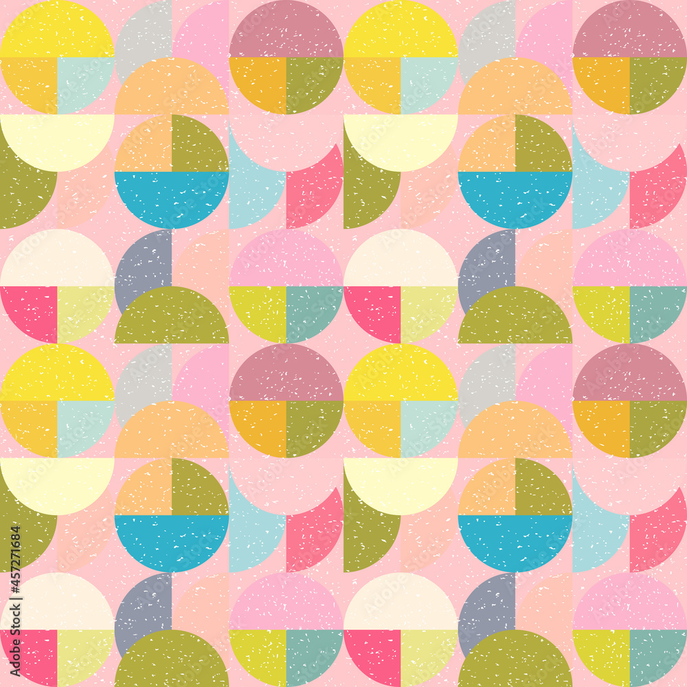 Aufkleber Modern vector abstract seamless geometric pattern with semicircles and circles in retro scandinavian style. Pastel colored colorful shapes with worn out texture .