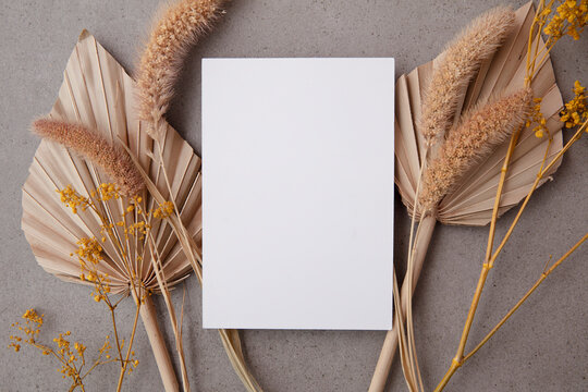 Bohemian Blank Invitation Card Surrounded By Natural Dried Palm Leaf And Grasses. Wedding And Celebration Background