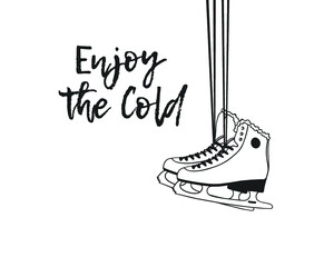 Fototapeta na wymiar Actual fashion illustration skates. Hand drawn Ice Skating Things isolated on white. Winter Sport vector background. Original doodle style drawing. Creative ink art work