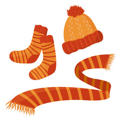 A set of warm autumn clothes - colorful designs for cold weather - an orange woolen hat, striped socks, an orange scarf. Isolated vector illustrations on white background