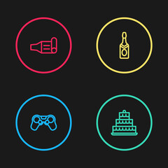 Set line Gamepad, Cake with burning candles, Champagne bottle and Birthday party horn icon. Vector