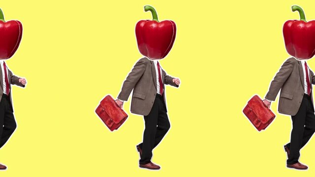 Stop motion design or art animation. Retro businessman with sweet red pepper head going to work over color background. Funny man. Modern, conceptual, contemporary bright 4k artcollage. Business concep