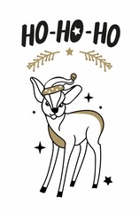 Handmade Christmas cards with a lettering deer, a fir branch, stars. Fashionable postcards in black and gold color.