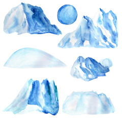 Isolated hand drawn watercolor mointains on white background.