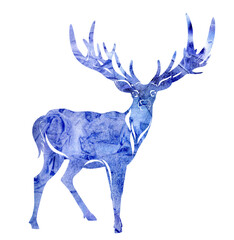 Watercolor isolated blue winter reindeer on white background.