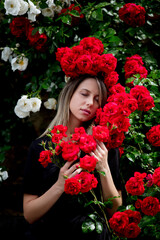 young girl near the bush of red and white roses