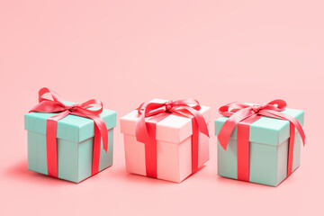 Three gift boxes with ribbons on pink background close-up, front view