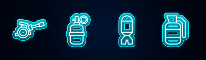 Set line Howitzer, Hand grenade, Rocket launcher and . Glowing neon icon. Vector