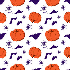 Seamless pattern with pumpkins, bats and spiders. Halloween party decoration. Festive background for paper, textile, holiday and design