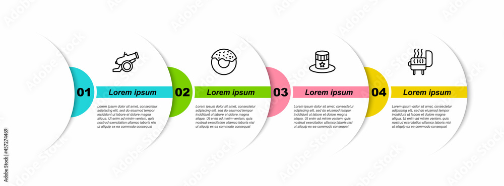 Sticker set line cannon, donut, patriotic american top hat and barbecue grill. business infographic template