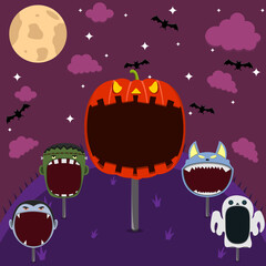 Head Monster Set in Field and Night. Big Pumpkin Head, Frankenstein, Dracula , Ghost and  Wolf.
