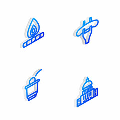 Set Isometric line Sausage on the fork, Campfire, Beer pong game and White House icon. Vector