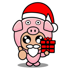 vector illustration cartoon character cute pig animal mascot costume christmas hat holding gifts