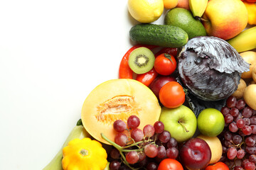 Set of different vegetables and fruits on white background