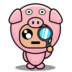 vector cartoon character cute pig animal mascot costume holding magnifying glasses