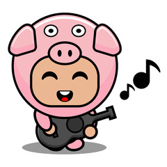 cartoon vector illustration of pig animal mascot costume character playing guitar