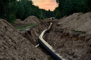 Natural Gas Pipeline Construction. Gas and Crude oil transmission in pipe from gas storage and...