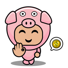 vector cartoon character mascot costume cute animal illustration pig with coin chat bubble with hand okay