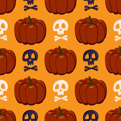 Seamless pattern with pumpkins and skulls. Festive autumn decoration for Halloween. Holiday October background