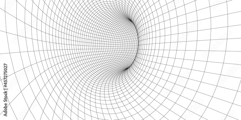 Poster abstract wireframe tunnel. science wormhole. vector 3d portal grid. futuristic fantasy funnel.