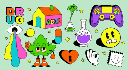 Acid abstract characters and objects. In cartoon style, set of colored psychedelics, all elements isolated