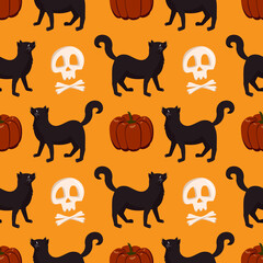 Seamless pattern with pumpkin, black cat and skull. Festive autumn decoration for Halloween. Holiday October background