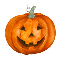 Watercolor illustration of a Halloween pumpkin.