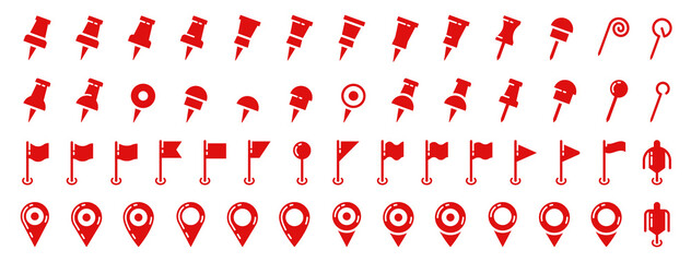 Pushpin flat icons set. Pointer of location on the map. Map pins. Indicative marker for applications, websites and other resources. Vector elements.