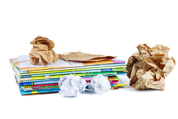 Stack of wastepaper isolated on white. Paper recycling