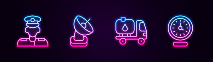 Set line Pilot, Radar, Fuel tanker truck and Clock. Glowing neon icon. Vector