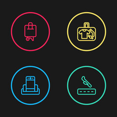 Set line Metal detector in airport, Plane landing, Suitcase and icon. Vector