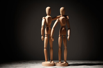 Wooden mannequins on dark background. Concept of friendship
