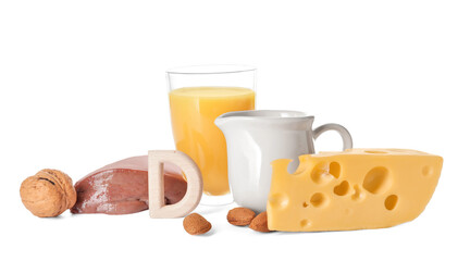 Different healthy products with vitamin D on white background