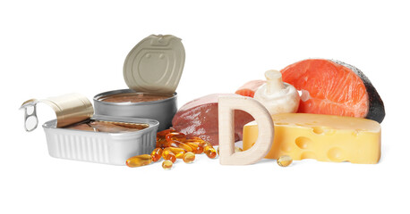 Letter D and different healthy products on white background
