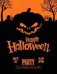 Halloween background with sinister pumpkin, trees, in black and orange colors. Halloween party flyer or invitation template. Vector graphics. Web