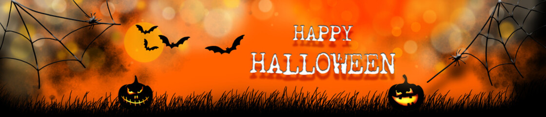 Happy Halloween banner. Orange halloween illustration with scary pumpkins, spiders, spider webs and...