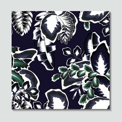 Night exotic jungle with green tropical plant and white leaves seamless pattern fabric t-shirt. Summer wallpaper dark background. Hand drawn texture. Vector template. Fashionable