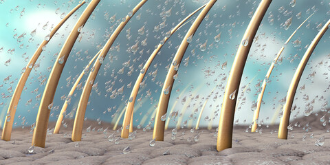 Water drops on a close up part of skin with hair and hair roots - 3d illustration - obrazy, fototapety, plakaty