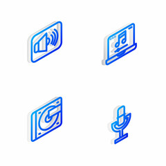 Set Isometric line Laptop with music, Speaker volume, Vinyl player vinyl disk and Microphone icon. Vector