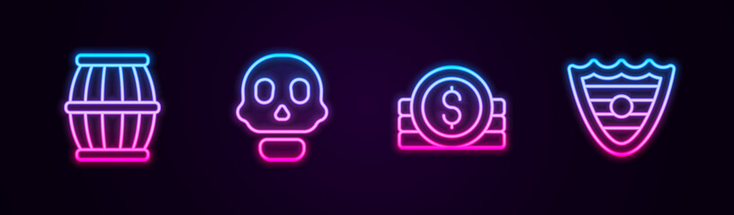 Set line Gun powder barrel, Skull, Ancient coin and Shield. Glowing neon icon. Vector