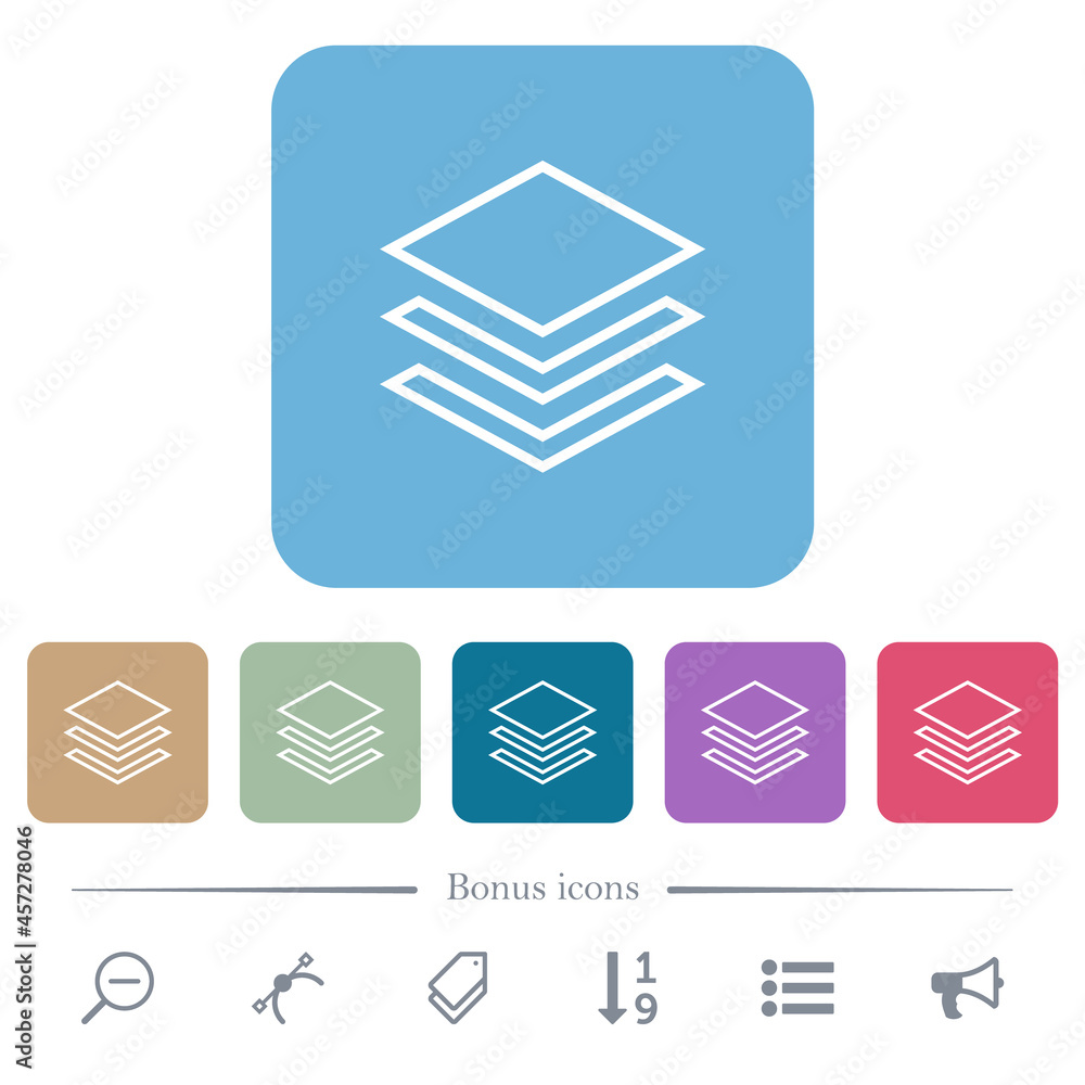 Poster layers outline flat icons on color rounded square backgrounds