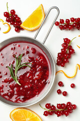 Cranberry sauce and ingredients on white background